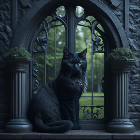 Webdesign Dietikon Schwarze Katze sitzt vor einem schwarzen Fensterrahmen, Gothic Style