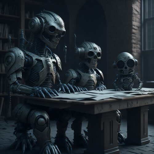 unser angebot drei roboter sitzen am tisch
