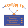 Oranges, blaues Logo, Tv mit Antenne und drei orangen Knöpfen rechts